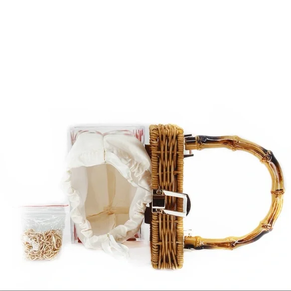 Red Cherry Acrylic Rectangular Wicker & Bamboo Top Handle Pinup Retro Purse Bag - Picture 7 of 8